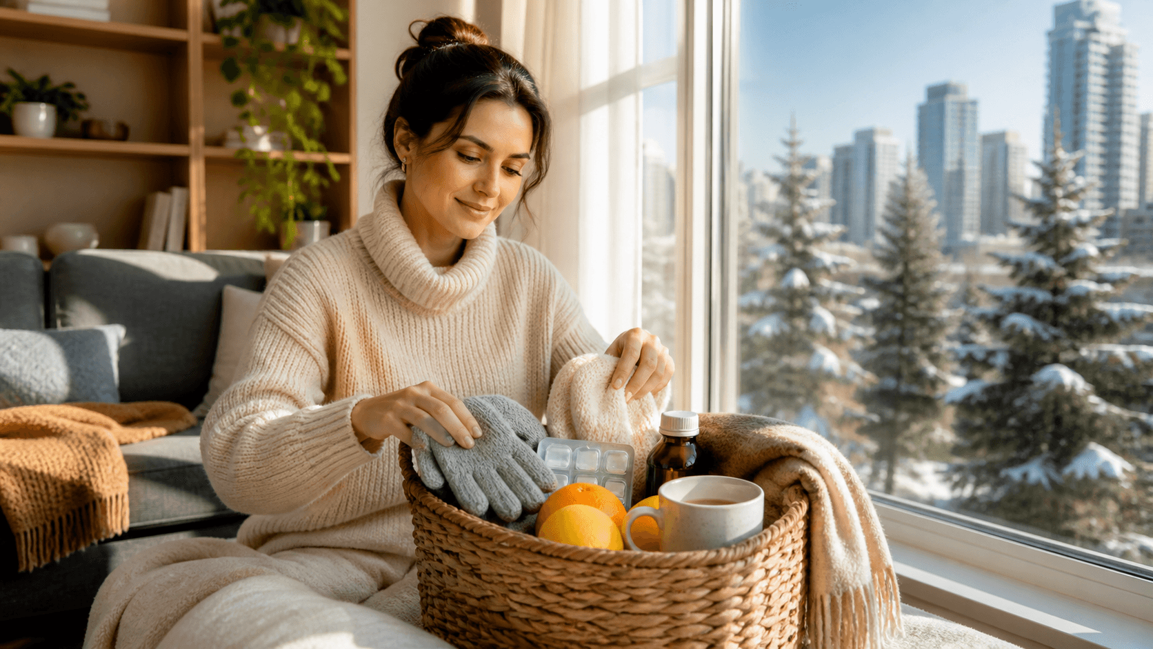 Cozy winter scene with a mug, blanket, and notebook beside a frosted window in soft blue light.