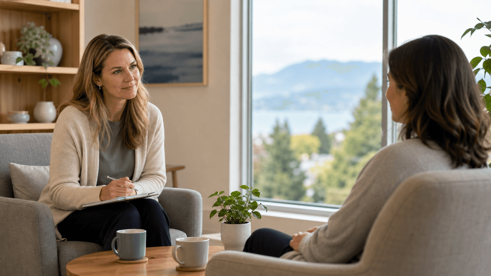 Soft blue-toned illustration of a person seated in a calm counselling room with warm window light.